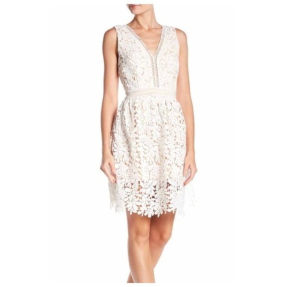 Francesca's Alya White Nude Sleeveless Floral Crochet Lace Dress